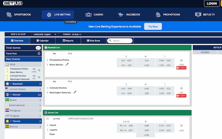 An image of the betting screen from BetUS, a popular online sportsbook among live sports betting sites.